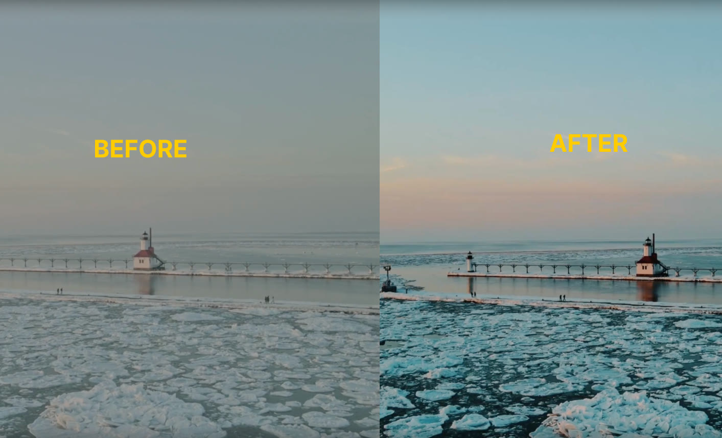 Haze Azure LUT — before and after color grade of an icy pier at sunset